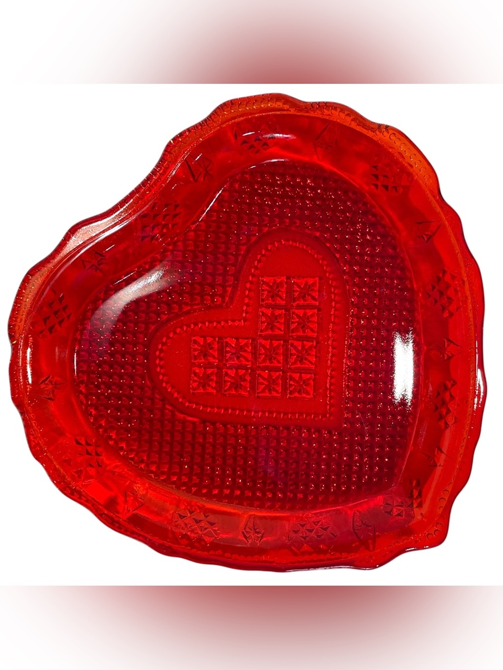Vintage 1990s Avon Ruby Red Heart Shaped Glass Dish Cape Cod Pattern